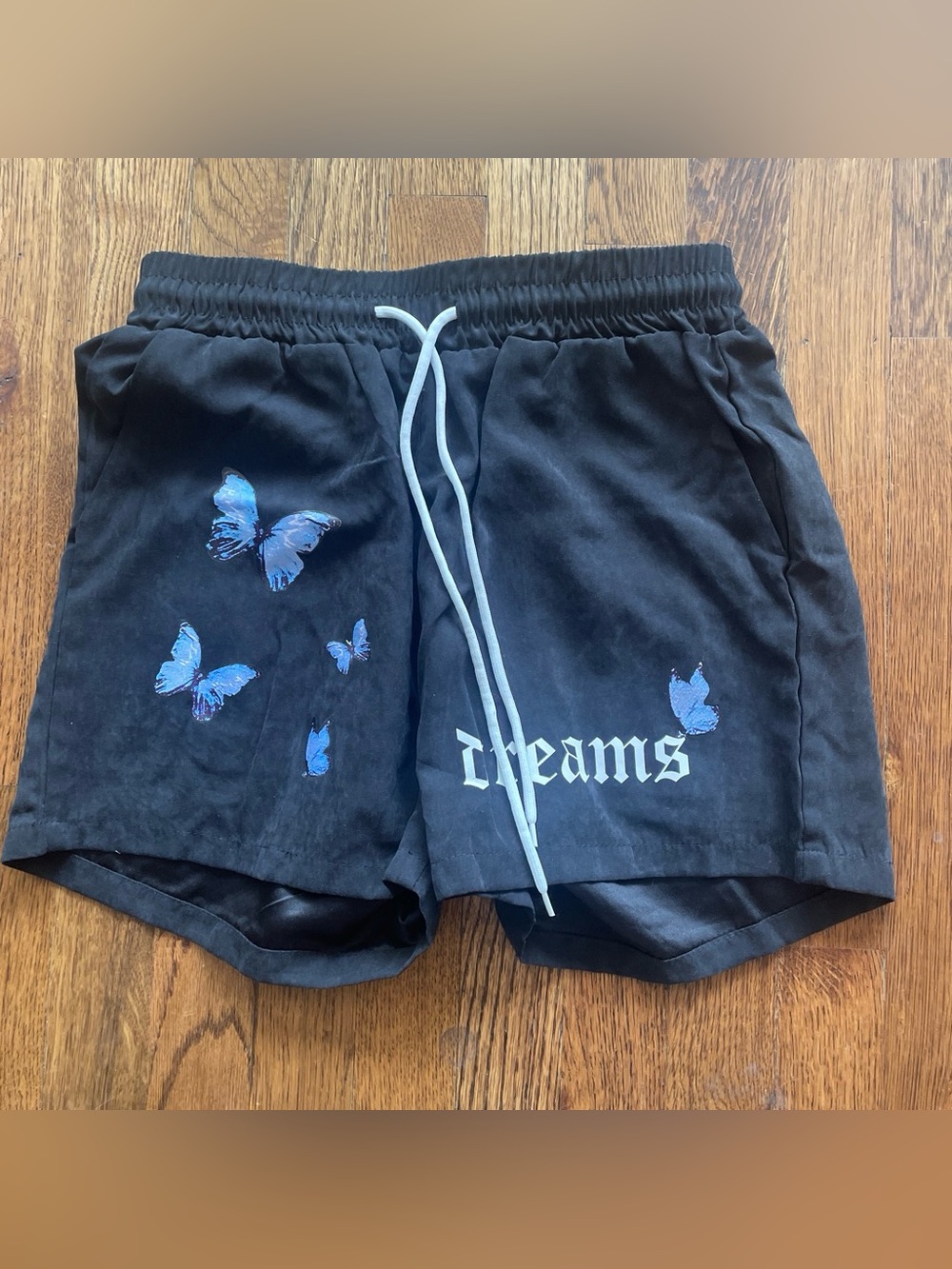 SHEIN Black Drawstring Casual Shorts with White Cord and Butterfly 🦋